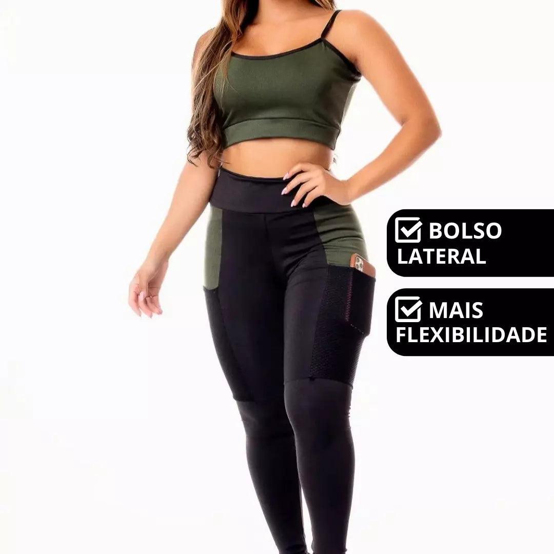 Conjunto Fitness Feminino - Calça Legging E Cropped Alcinha Megan Verde Militar - Ludis Brasil