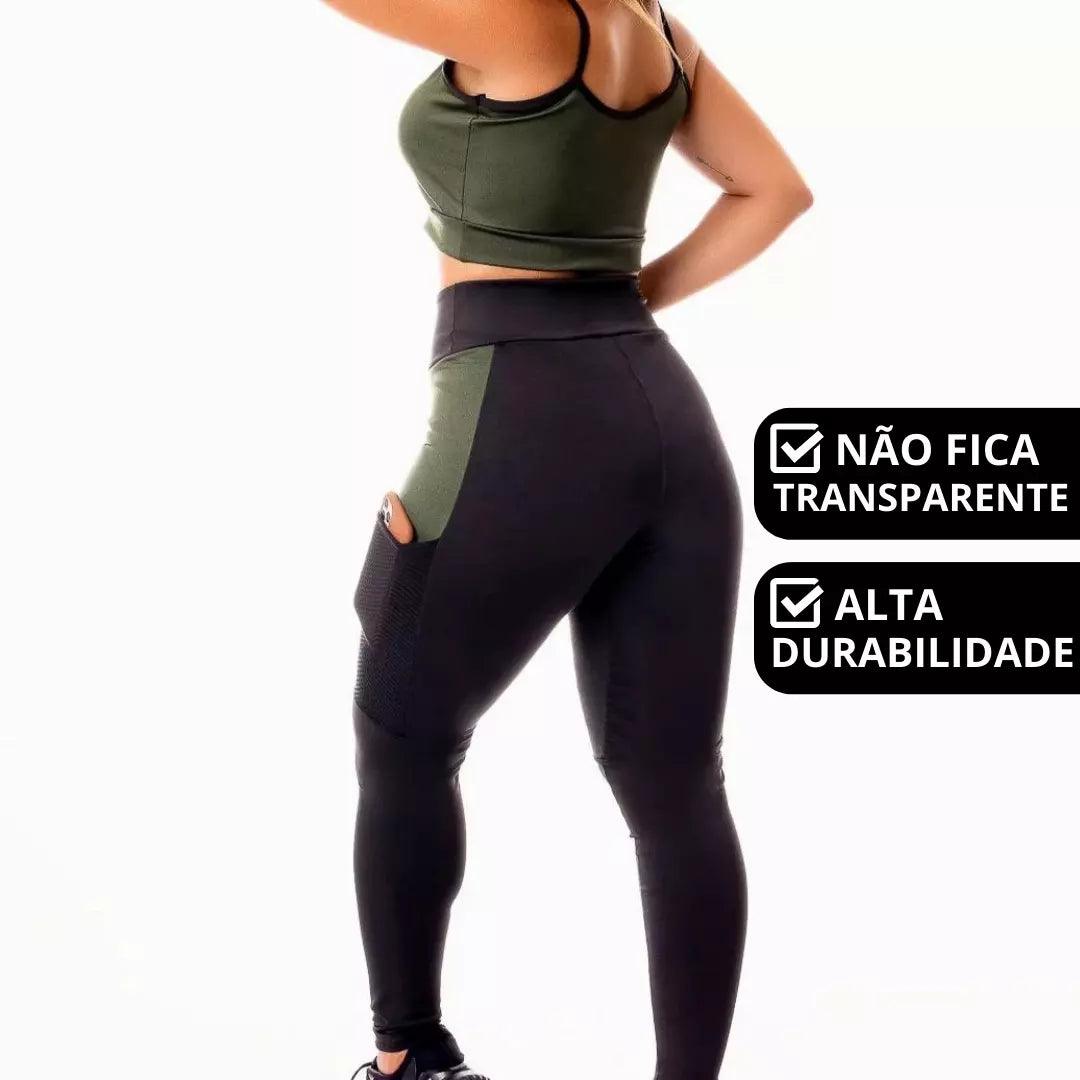 Conjunto Fitness Feminino - Calça Legging E Cropped Alcinha Megan Verde Militar - Ludis Brasil