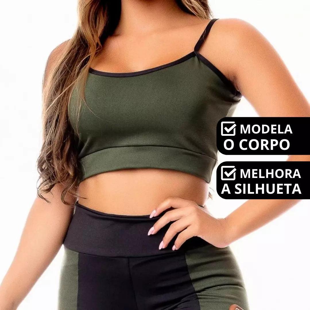 Conjunto Fitness Feminino - Calça Legging E Cropped Alcinha Megan Verde Militar - Ludis Brasil